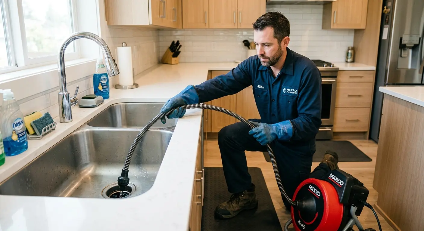 Drain cleaning technician using a motorized snake on a kitchen sink in South Laurel