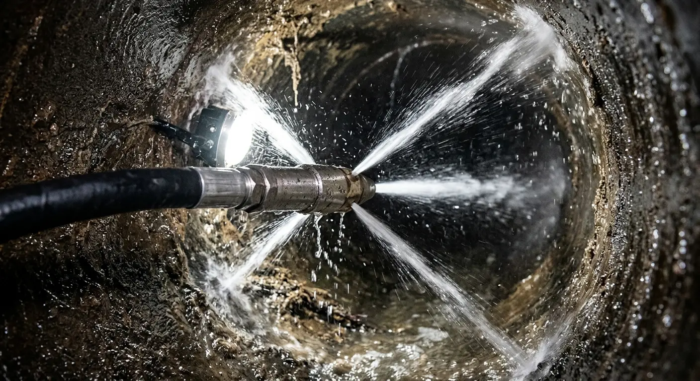 High-pressure hydro jetting nozzle cleaning sewer pipe for Emergency Drain Service in South Laurel