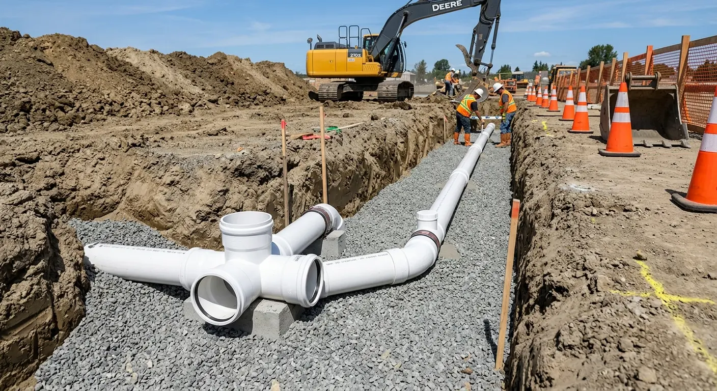 New PVC sewer pipe installation in open trench for Sewer Backup in South Laurel
